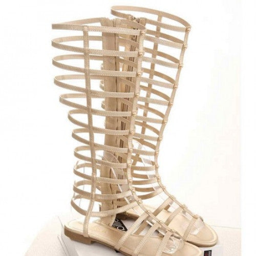 Knee High Gladiator Sandal Hollow Flat Heel